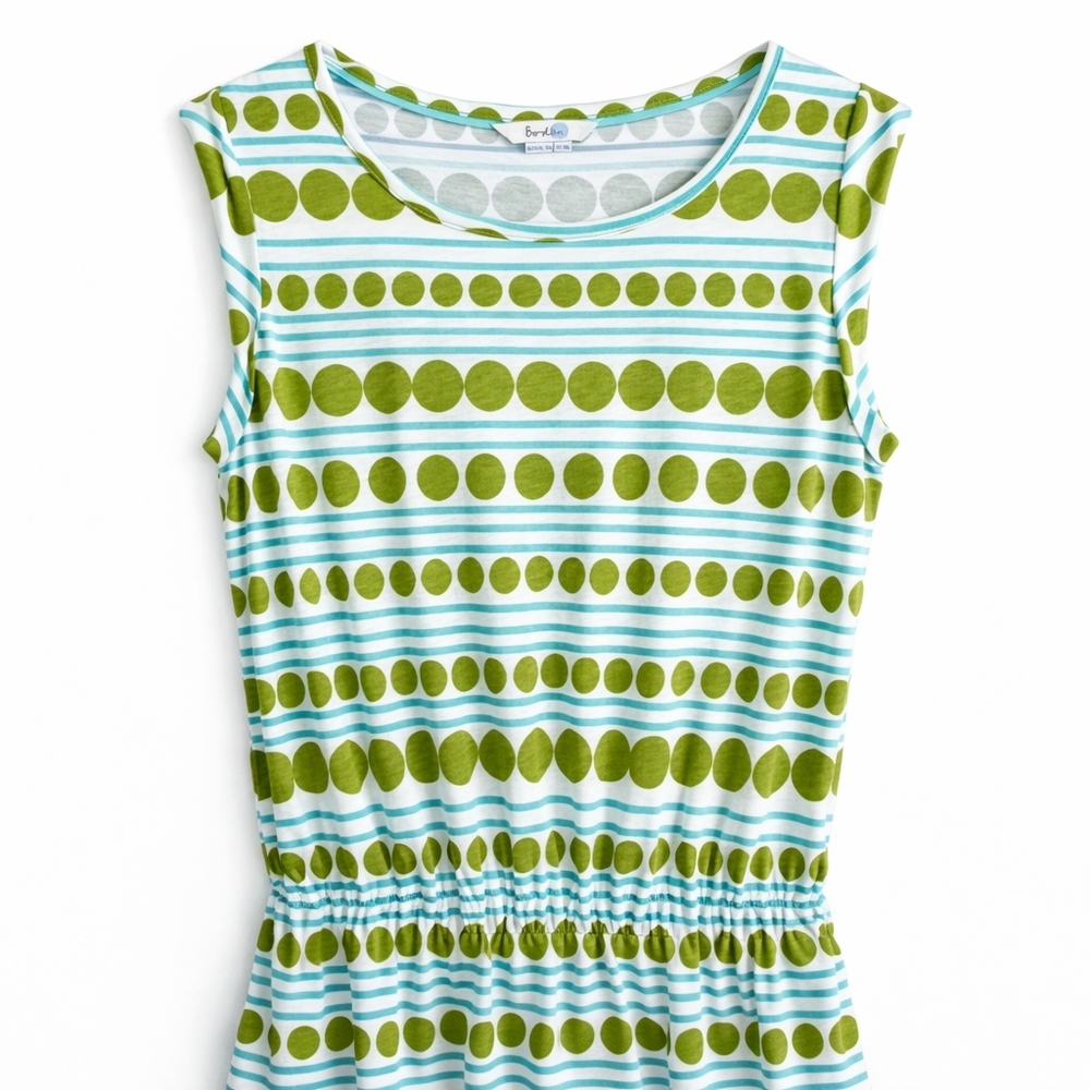Boden Green Polka Dot Stripe Jersey Dress Cinched Waist Sleeveless US 8L Midi - Picture 3 of 11